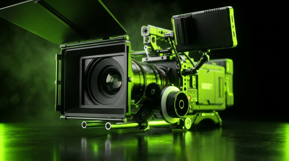 Cinema camera rig on a dark film set with lime accent lighting